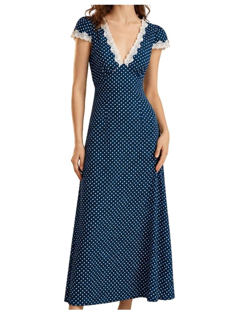 Women's Cap Sleeve Navy and White Polka Dot Dress